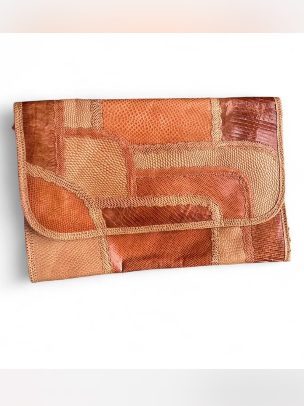 Carlos Falchi Patchwork Lizard Leather Envelope Clutch - Tan & Brown - Picture 1 of 7